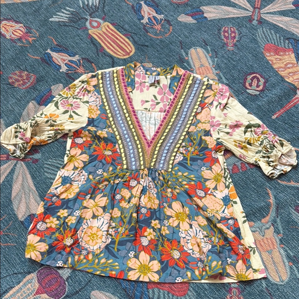 Anthropologie Bl-nk London Stephanie V-Neck Peasant Top in Multi XXS fits like S - Picture 2 of 7